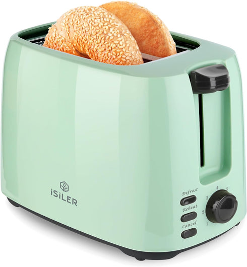 iSiLER 2 Slice Toaster: Compact Bagel Toaster with 1.3" Wide Slot, 7 Shade Settings, Green
