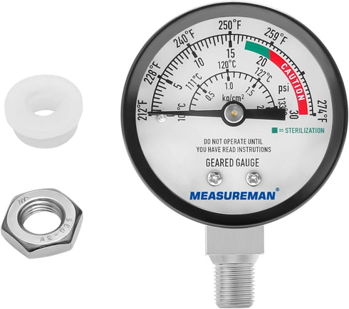 MEASUREMAN Black Steel Pressure Cooker Gauge, 2" Dial Pressure Canner Gauge, Lower Mount with Hexagon Gasket and Nut