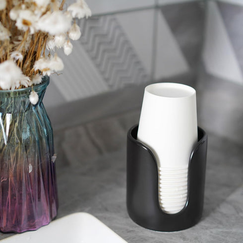 3 oz 4 oz Ceramic Bathroom Cup Dispenser, Disposable Cups Holder, Small Mouthwash Cup Dispenser (Black)