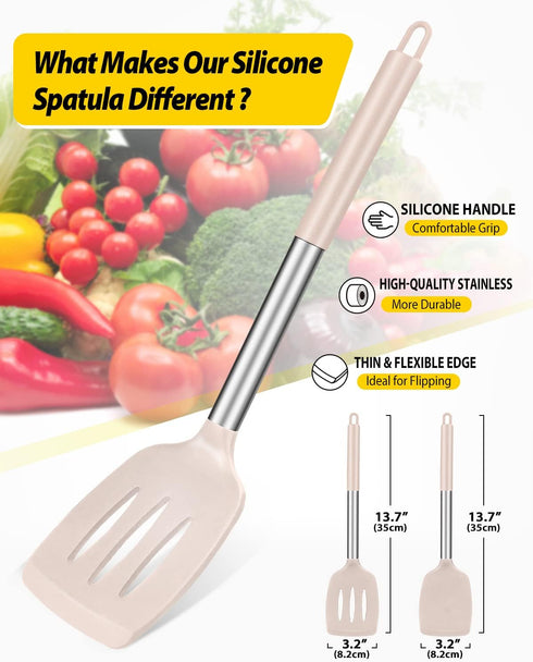 Pack of 2 Silicone Solid Turner,Non Stick Slotted Kitchen Spatulas,High Heat Resistant BPA Free Cooking Utensils,Ideal Cookware for Fish,Eggs,Pancakes (Stainless Steel KHAKI) by BUNDLEPRO