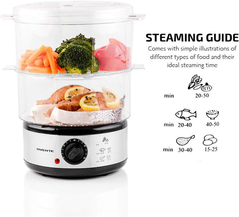 OVENTE 2 Tier Electric Food Steamer - Stainless Steel Base, Stackable Baskets, 400W with 60-Minute Timer