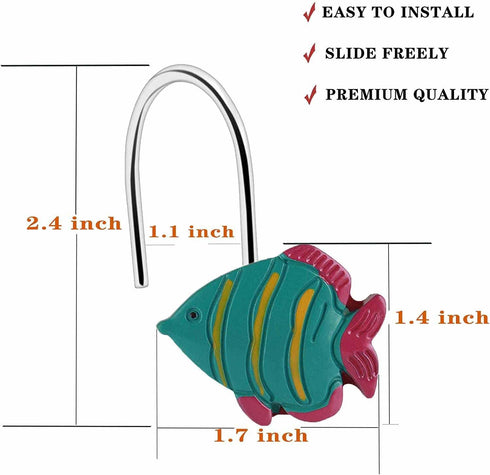 Fish Shower Curtain Hooks Rings for Under The Sea Bathroom Decor, Nautical Shower Curtain Hooks, Set of 12