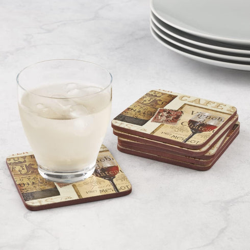 Pimpernel French Cellar Coasters - Set of 6 Rustic Wine Labels Cork-Backed Drink Coasters for Home Decor