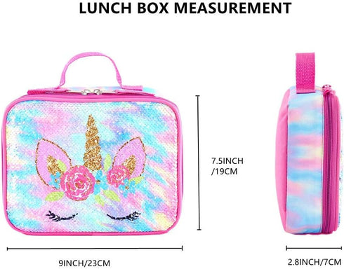 KK CRAFTS Cute Insulated Lunch Box for Kids, Girls Boys Toddlers, Small Sequin Rainbow Unicorn