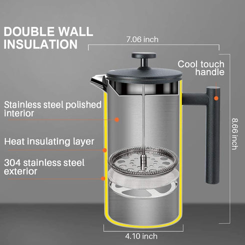 Secura French Press Coffee Maker, 34oz Insulated Coffee Press with 2 Extra Screens, 304 Grade Stainless Steel, Black