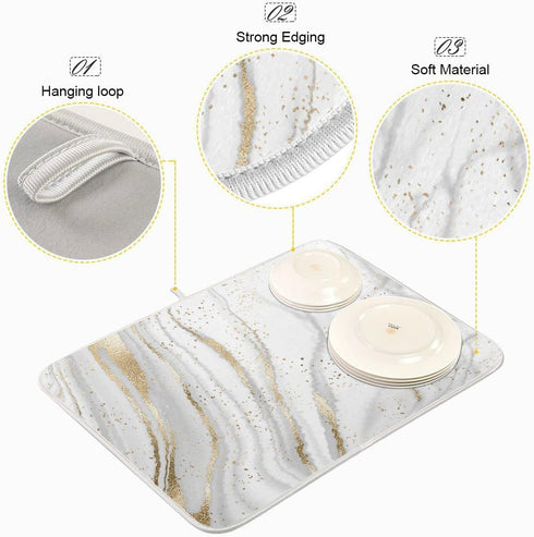 Marble Dish Drying Mat for Kitchen Counter, Large 18x24 inch White Golden Marble Gray Drying Mats