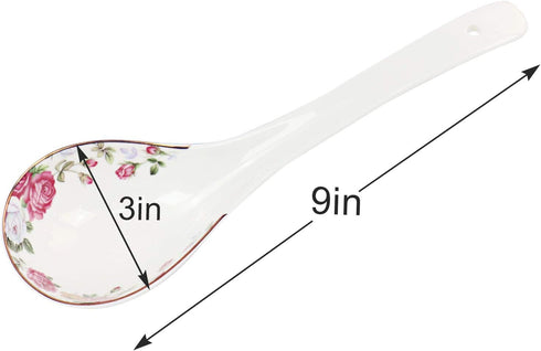 Big Porcelain Spoon Bone china Large Porridge Spoons White Ceramic Flatware Soup Spoons Long Handled Flower Pattern Scoop(Flower Pattern)