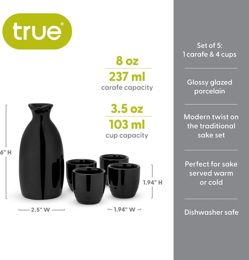 True Moga Sake Set, Japanese Style Pitcher and Tumbler Set for Sake, Four 3.5 oz Cups and One 8 oz Carafe, Fire Glazed