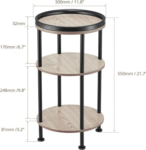 Small Round Side Table for Small Spaces - 3-Tier Modern Accent Table, Slim End Table for Living Room, Bedroom (Oak)