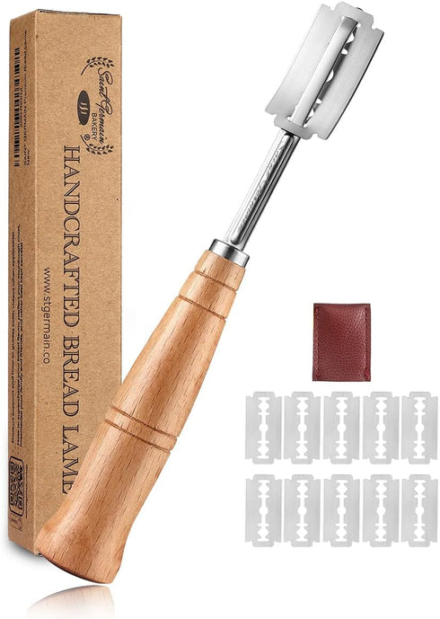 SAINT GERMAIN Premium Hand Crafted Dough Scoring Knife, Sourdough Slashing Tool with 10 Blades & Leather Protector Cover
