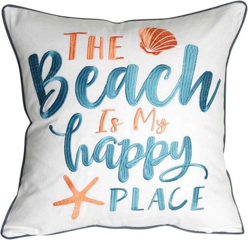 Embroidered The Beach is My Happy Place Throw Pillow Cover, Square 18 inches Decorative Canvas Cover with Pattern