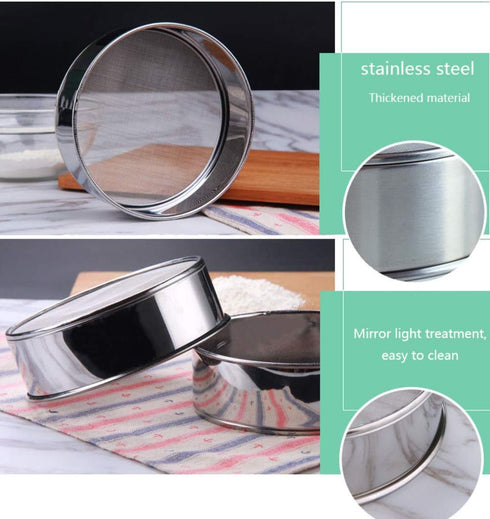 2 Pack Professional Round Flour Sifter (60/40 Mesh) 6/8/9.5 Inch, Fine Mesh Flour Sieve, Premium Rustproof Stainless