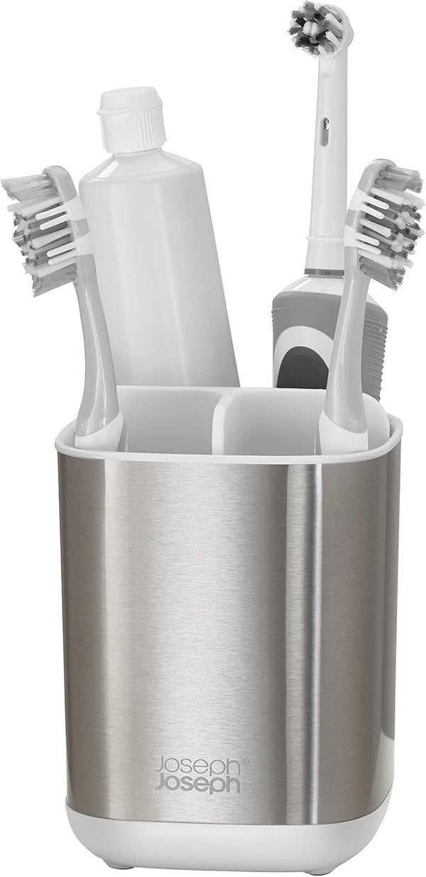 Joseph Joseph EasyStore Stainless-Steel Toothbrush Holder Bathroom Storage Countertop Organizer Caddy, Small