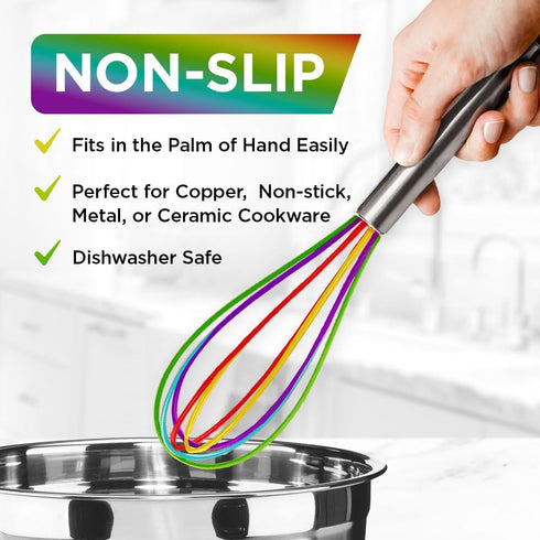 Silicone Whisk Set, Non-Scratch Set of 3, Mini & Small Sizes, Stainless Steel Whisk