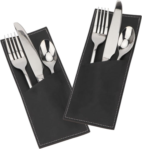 Leather Cutlery Sleeve Utensil Holders, Pouch Bags for Knife and Fork Silverware, 2 Pcs (Black) for Table Decorations
