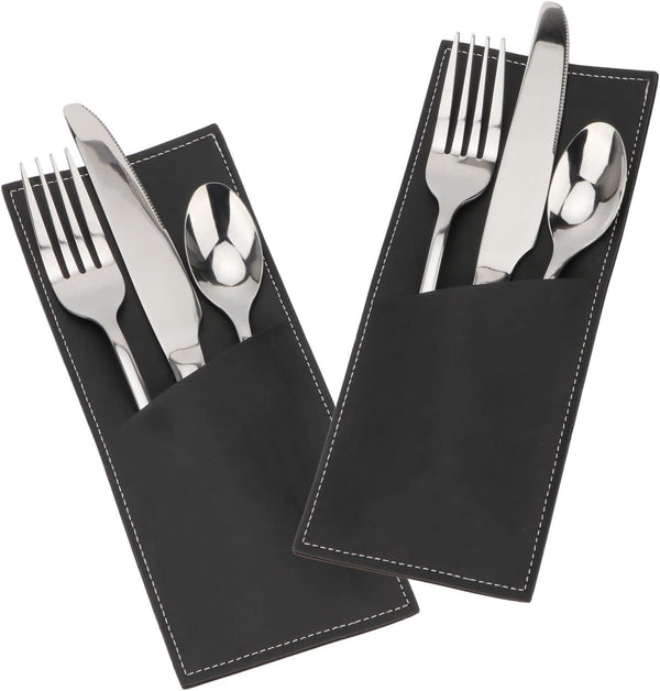 Leather Cutlery Sleeve Utensil Holders, Pouch Bags for Knife and Fork Silverware, 2 Pcs (Black) for Table Decorations