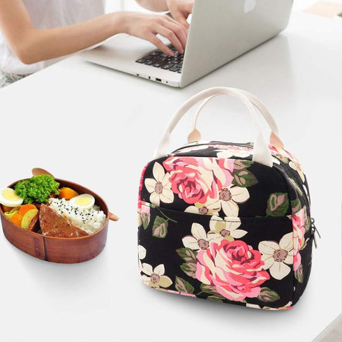 EurCross Floral Canvas Compact Lunch Bag for Women, Trendy and Practical Bento Box Tote