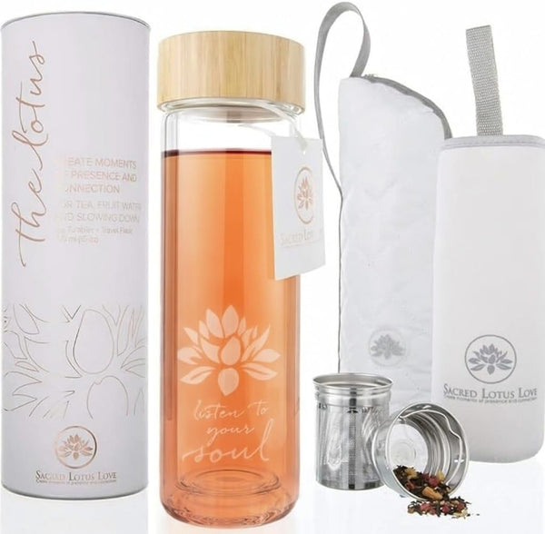Sacred Lotus Love Double-Walled Glass Tea Tumbler with Infuser and Strainer 15oz
