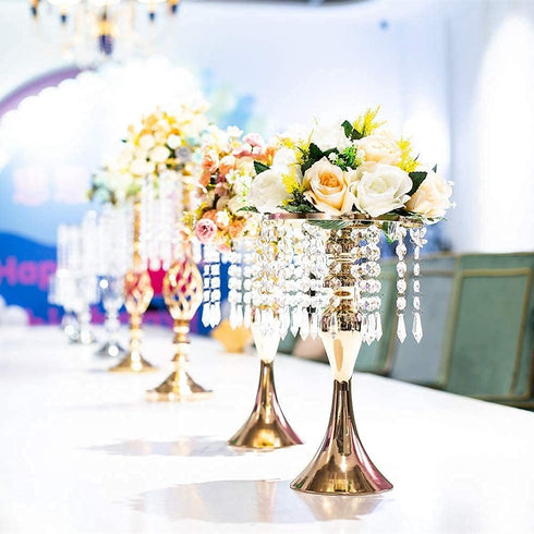 13"- 2pcs) Metal Wedding Centerpieces for Table, Crystal Flower Stands, Wedding Road Lead Flower Holders, Crystal