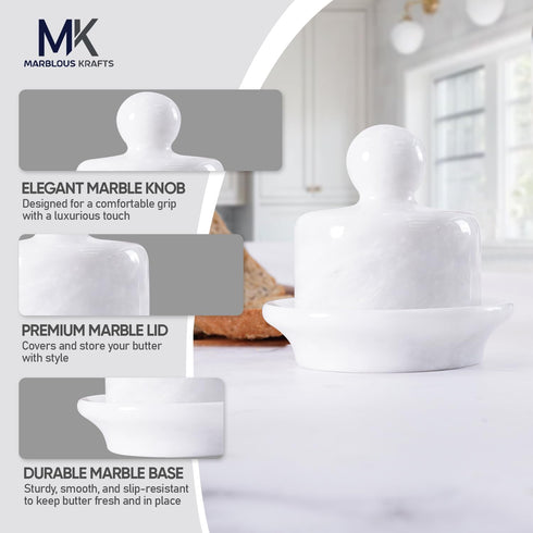 4 Inch Marble Mini Butter Dish with Lid White French Butter Crock Soft Butter Spreader, Butter Keeper for Kitchen Dcor