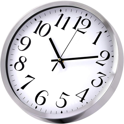 TopOne Silent Wall Clock, Battery Operated 12 inch Silver Aluminum Quartz Decor for Kitchen, Home, School