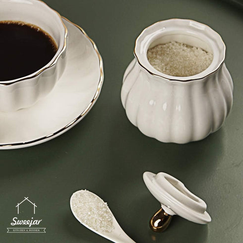 Sweejar Royal Ceramic Sugar and Creamer Set, 3 Piece Set with Cream Pitcher, Sugar Bowl, Lid & Spoon, White