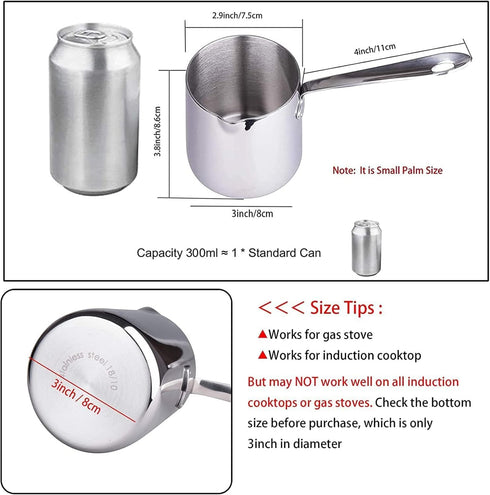 IMEEA Butter Warmer Turkish Coffee Pot - Mini Saucepan with Spout, 18/10 Tri-Ply Stainless Steel (10oz/300ml)