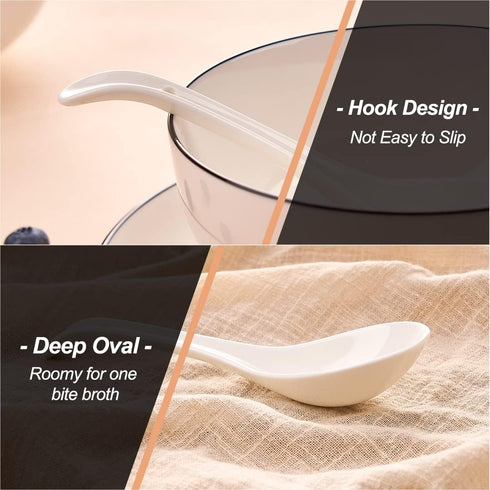 Porcelain Soup Spoons Set of 6, 6.6 Inch Ceramic Chinese Soup Spoons for Asian Ramen