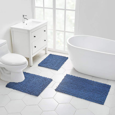 Walensee Non Slip Bathroom Rug, 24x17 Inch Dark Blue, Water Absorbent Super Soft Chenille Mat, Machine Washable