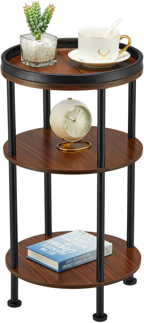Small Round Side Table for Small Spaces - 3-Tier Modern Accent Table, Slim End Table for Living Room, Bedroom (Cherry)