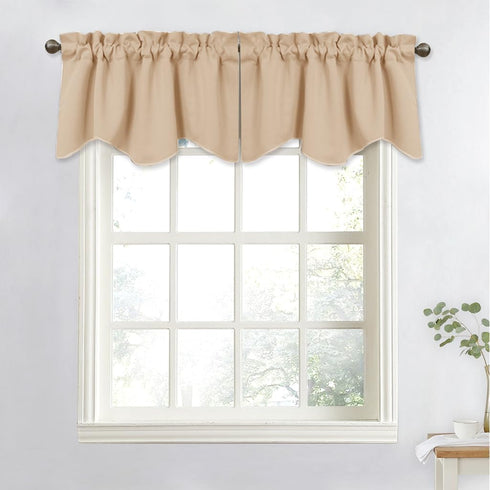 NICETOWN Room Darkening Window Valance, Solid Thermal Insulated 52"x18" Scalloped Curtain Panels (Biscotti Beige, 4