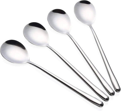 Long handle Soup Spoons Stainless Steel Round handle Soup Spoon,Korean Long handle Bar Spoons Silver Pack of 4