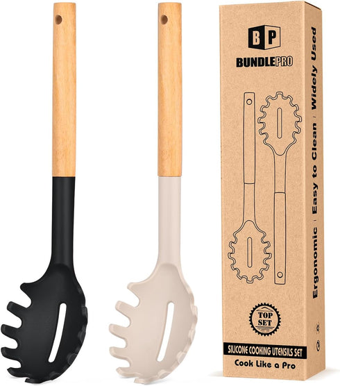 Pack of 2 Spaghetti Spoon, Silicone Pasta Fork with Wooden Handle, Heat