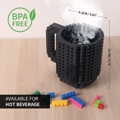 Build-on Brick Coffee Mug, Funny DIY Novelty Cup with Building Blocks for Kids, Men, Women, Xmas Birthday (Cool Black)