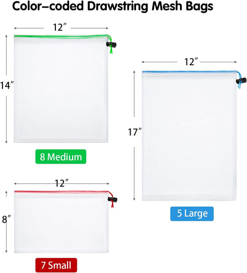 Frienda 20 Pieces Reusable Produce Bags - 5 Large, 8 Medium, 7 Small Mesh Pouch Toy Storage Bags for School Office