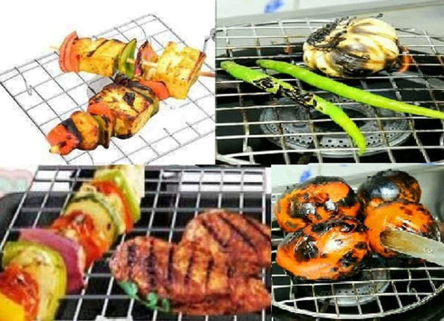 Steel Roasting Roti Jali Set with Wooden Handle, Tong and Pincer, Cooking Rack, Papad Grill, Chapati Grill, Food Tong