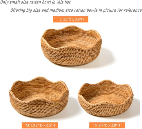 Handmade Rattan Round Fruit Basket, Food Storage Bowls Kitchen Organizer Snack Serving Bowl (Small 8.7", Boho Home