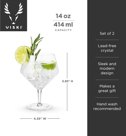 Viski Raye Angled Stemmed Gin and Tonic Glasses, Set of 2, Premium Crystal Clear Cocktail Gin Glasses for Gin Lovers