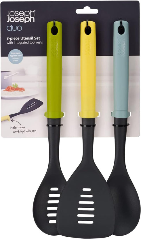Joseph Joseph Duo 3-Piece Utensil Set with Integrated Tool Rests: Scratch-Free Use on Non-Stick Cookware, Includes Solid & Slotted Spoons and Turner, Heat-Resistant by Joseph Joseph