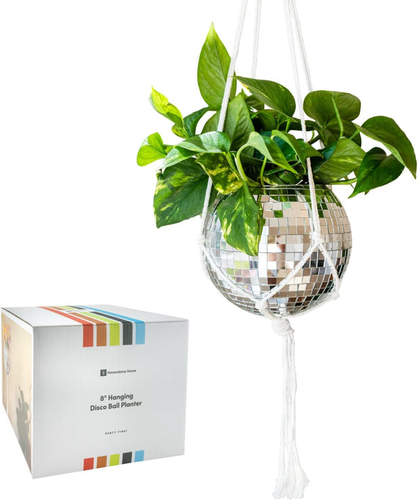 Hanging Disco Ball Planter 8" - with Acrylic Stand and Macrame Plant