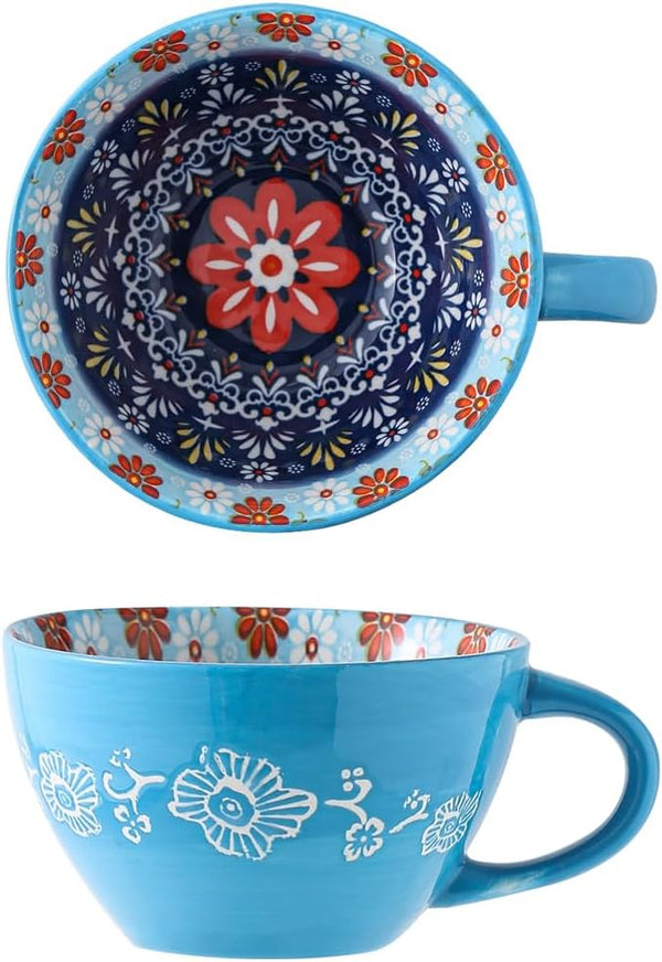 JINNTHE Bohemian Hand-Painted Ceramic Mug, 15 Oz Large Coffee Cup for Milk, Tea,