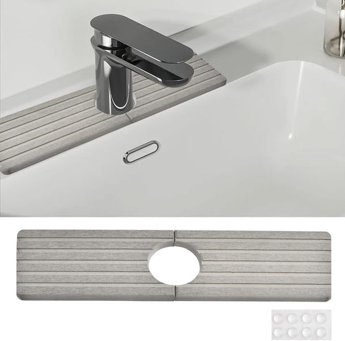 Diatomite Kitchen Faucet Mat, Quick Drying Splash Guard for Sink, Grey Water Absorbing Stone Tray for Countertop
