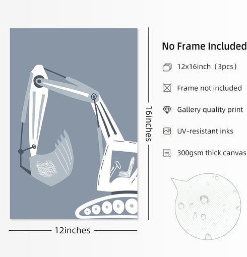 Youillne Bulldozer 12x16 Inch Set 3 Construction Truck Wall Art Decor Toddler Boys Room Canvas Wall Art Tractor Vehicle
