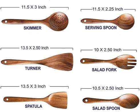 Mango Wooden Utensils Set of 6, Soft Comfort-Grip Non-Stick Cooking Spoons