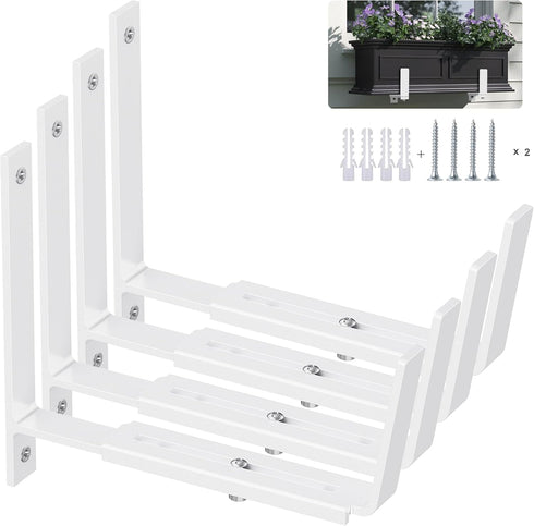Y&M 4 Pack Adjustable Planter Box Brackets, Heavy Duty Iron Wall Mounting Hooks for Balcony, White
