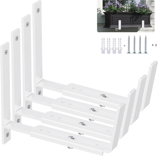 Y&M 4 Pack Adjustable Planter Box Brackets, Heavy Duty Iron Wall Mounting Hooks for Balcony, White