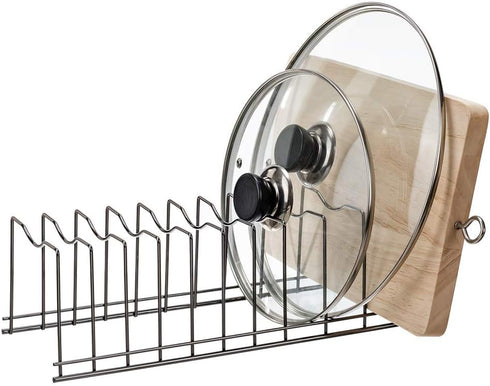 SANNO Pan Pot Lid Holder Organizer - Kitchen Rack for Plates, Bakeware, Pots & Pans, Nickel, 10 Dividers