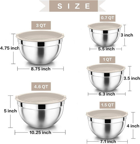 Khaki Mixing Bowls with Lids, Set of 5, P&P CHEF Stainless Steel Nesting Salad Bowls for Mixing & Storing