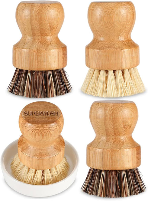 Bamboo Scrub Brush Set, Natural Bristles Palm Pot Brush, 4 Pack Mini Dish Brush with Ceramic Holder