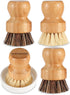Bamboo Scrub Brush Set, Natural Bristles Palm Pot Brush, 4 Pack Mini Dish Brush with Ceramic Holder